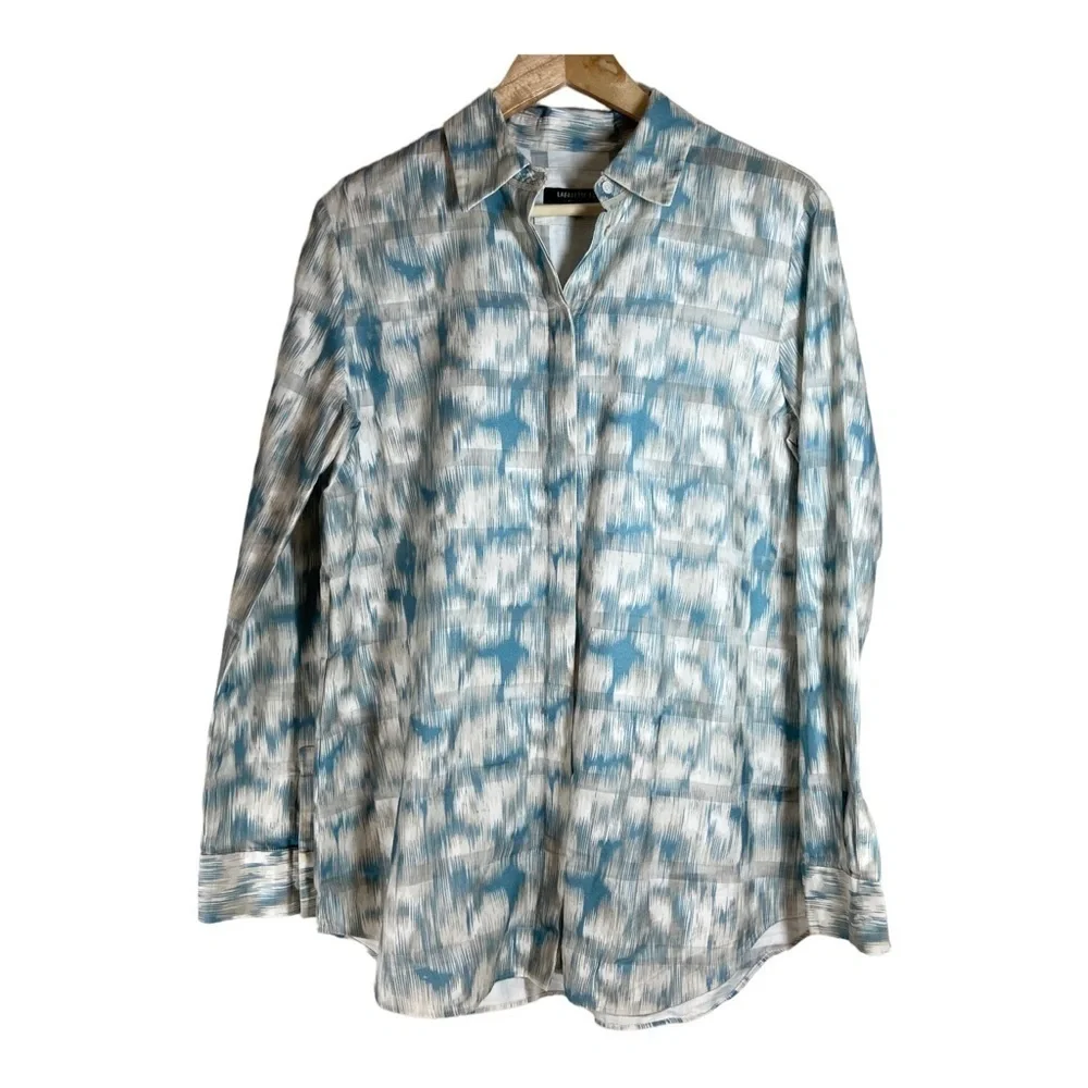 Lafayette 148 Brody Printed Cotton Blouse - Blue Steel - Picture 2 of 7